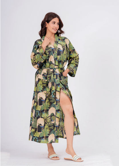 Peacock Grace women's cotton enchanted jungle kimono. Elegant floral 
and peacock pattern printed cotton robe for lounging.