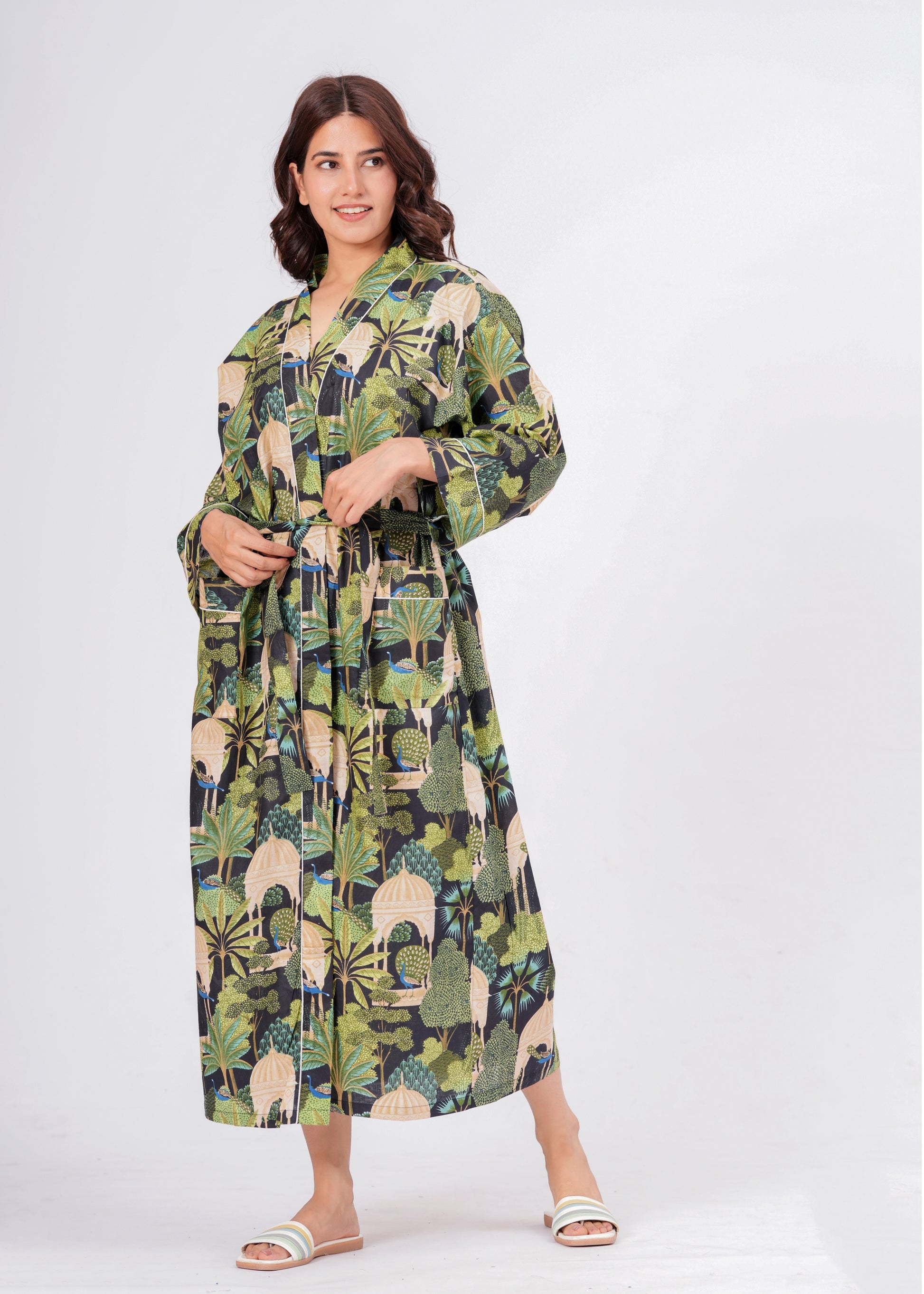 Peacock Grace women's cotton enchanted jungle kimono. Elegant floral 
and peacock pattern printed cotton robe for lounging.