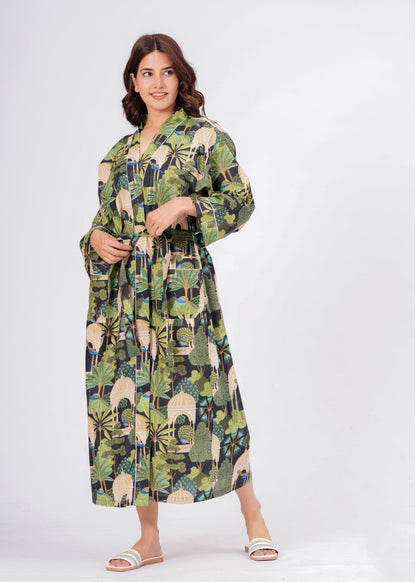 Peacock Grace women's cotton enchanted jungle kimono. Elegant floral 
and peacock pattern printed cotton robe for lounging.