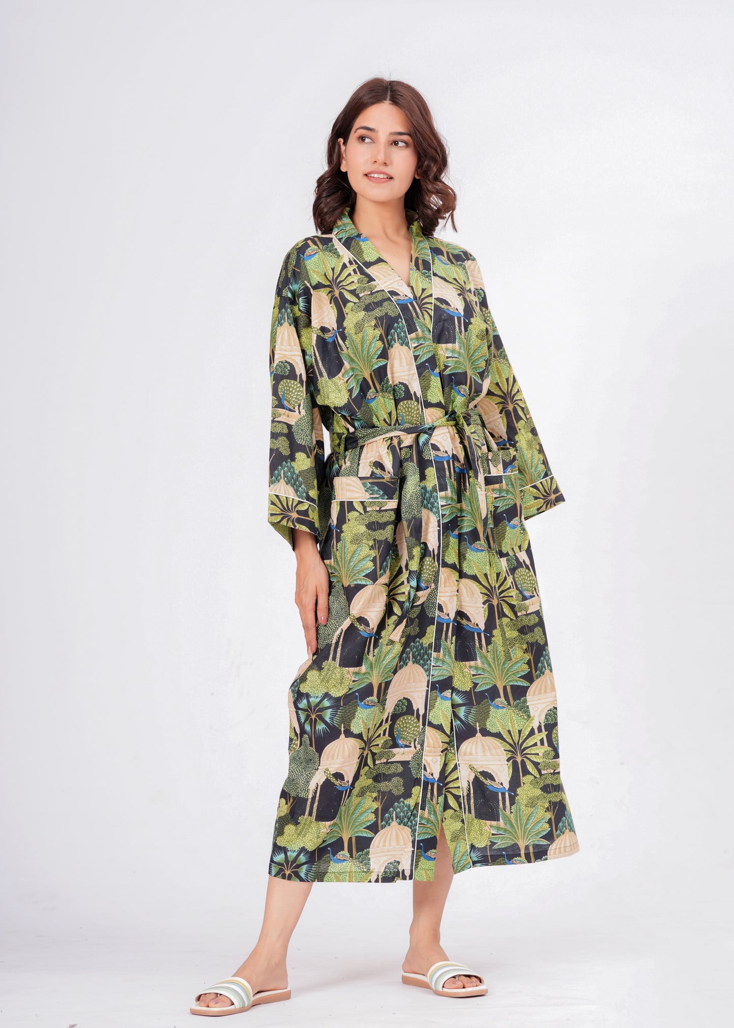 Peacock Grace women's cotton enchanted jungle kimono. Elegant floral 
and peacock pattern printed cotton robe for lounging.