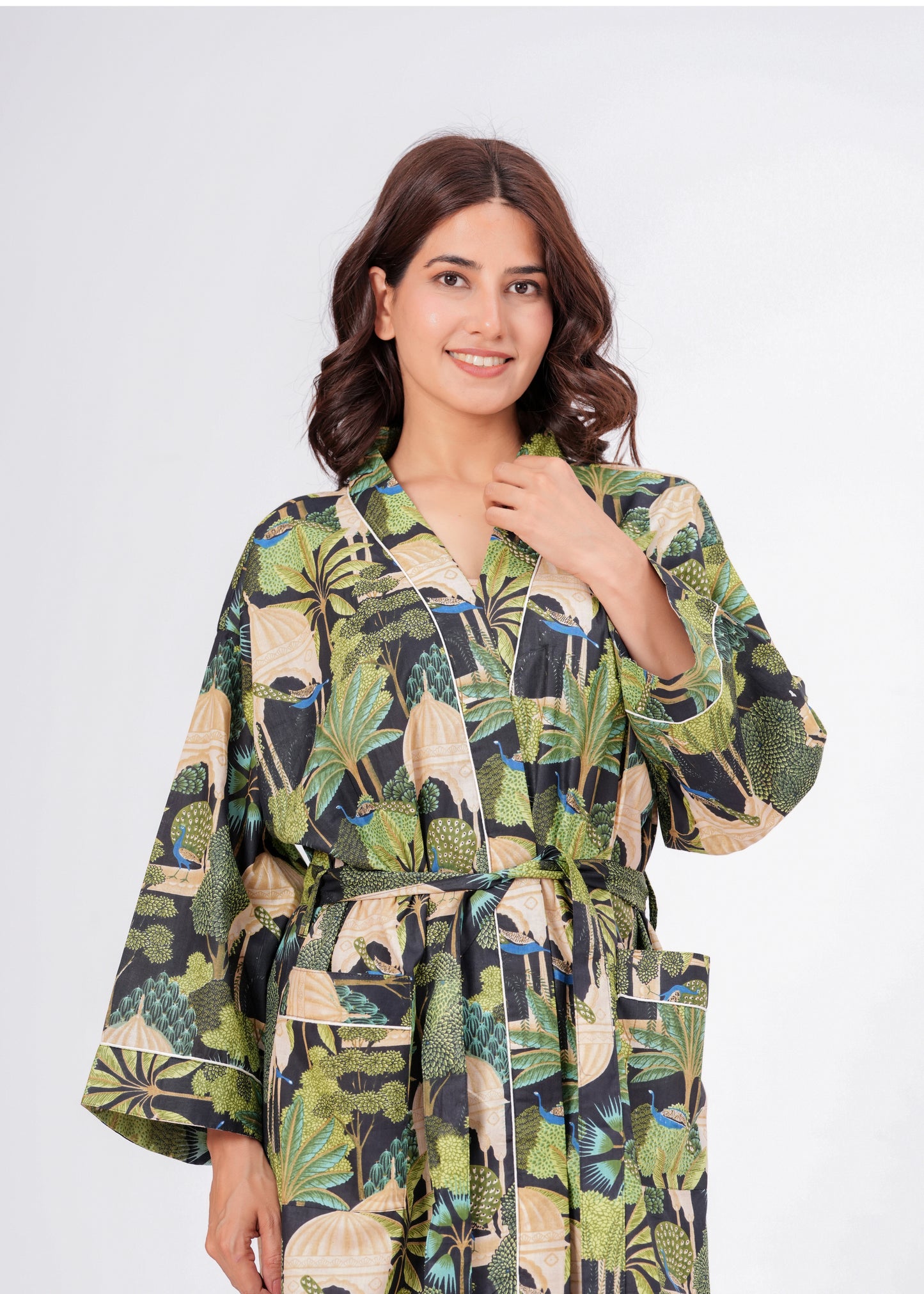 Peacock Grace women's cotton enchanted jungle kimono. Elegant floral 
and peacock pattern printed cotton robe for lounging.