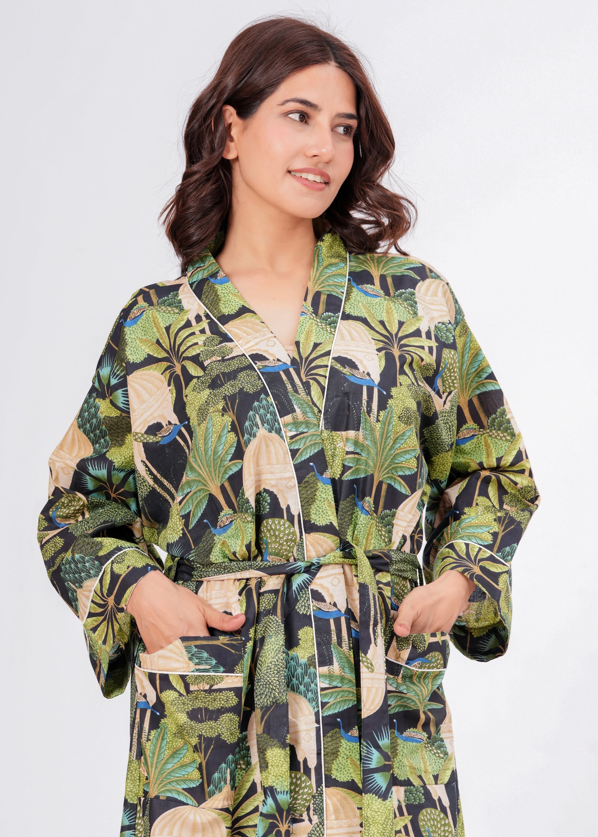 Peacock Grace women's cotton enchanted jungle kimono. Elegant floral 
and peacock pattern printed cotton robe for lounging.