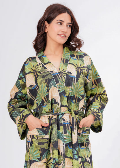 Peacock Grace women's cotton enchanted jungle kimono. Elegant floral 
and peacock pattern printed cotton robe for lounging.