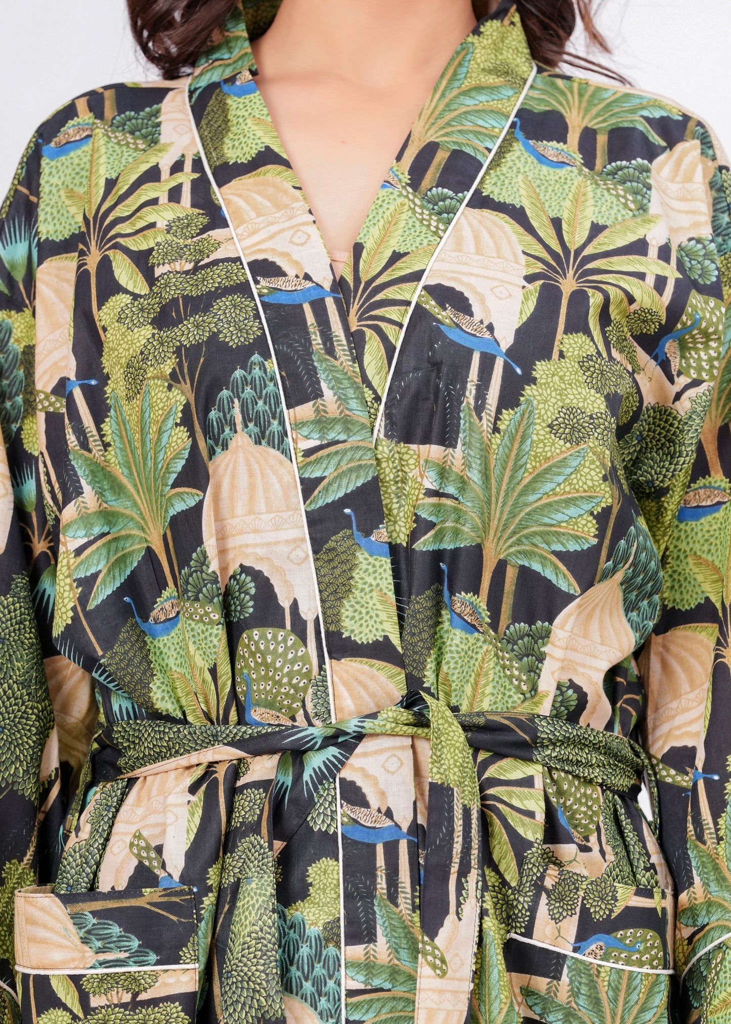 Peacock Grace women's cotton enchanted jungle kimono. Elegant floral 
and peacock pattern printed cotton robe for lounging.