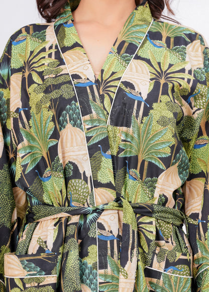 Peacock Grace women's cotton enchanted jungle kimono. Elegant floral 
and peacock pattern printed cotton robe for lounging.