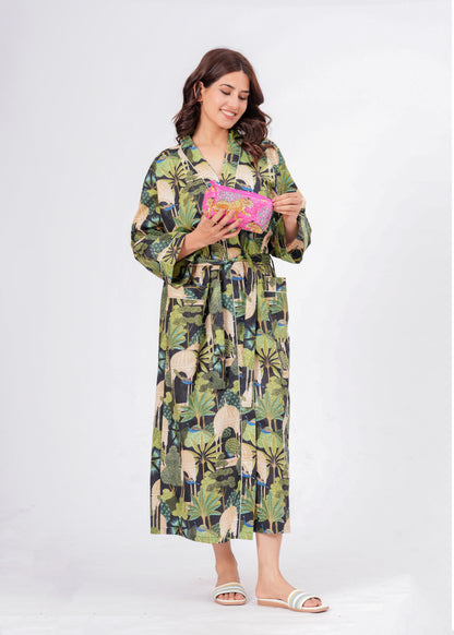 Peacock Grace women's cotton enchanted jungle kimono. Elegant floral 
and peacock pattern printed cotton robe for lounging.