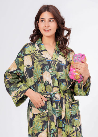 Peacock Grace women's cotton enchanted jungle kimono. Elegant floral 
and peacock pattern printed cotton robe for lounging.