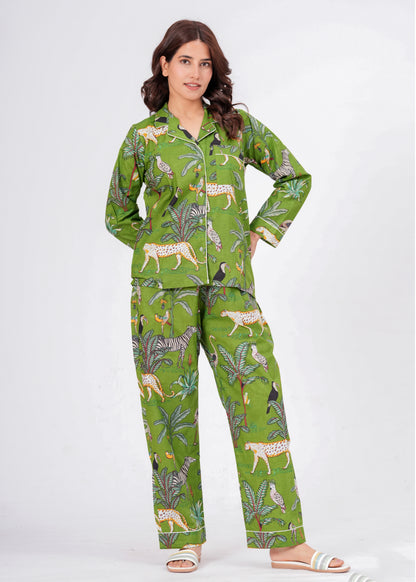 Women's Green Safari Print Cotton Night Suit Set – Tropical Two Piece Pajama Set
