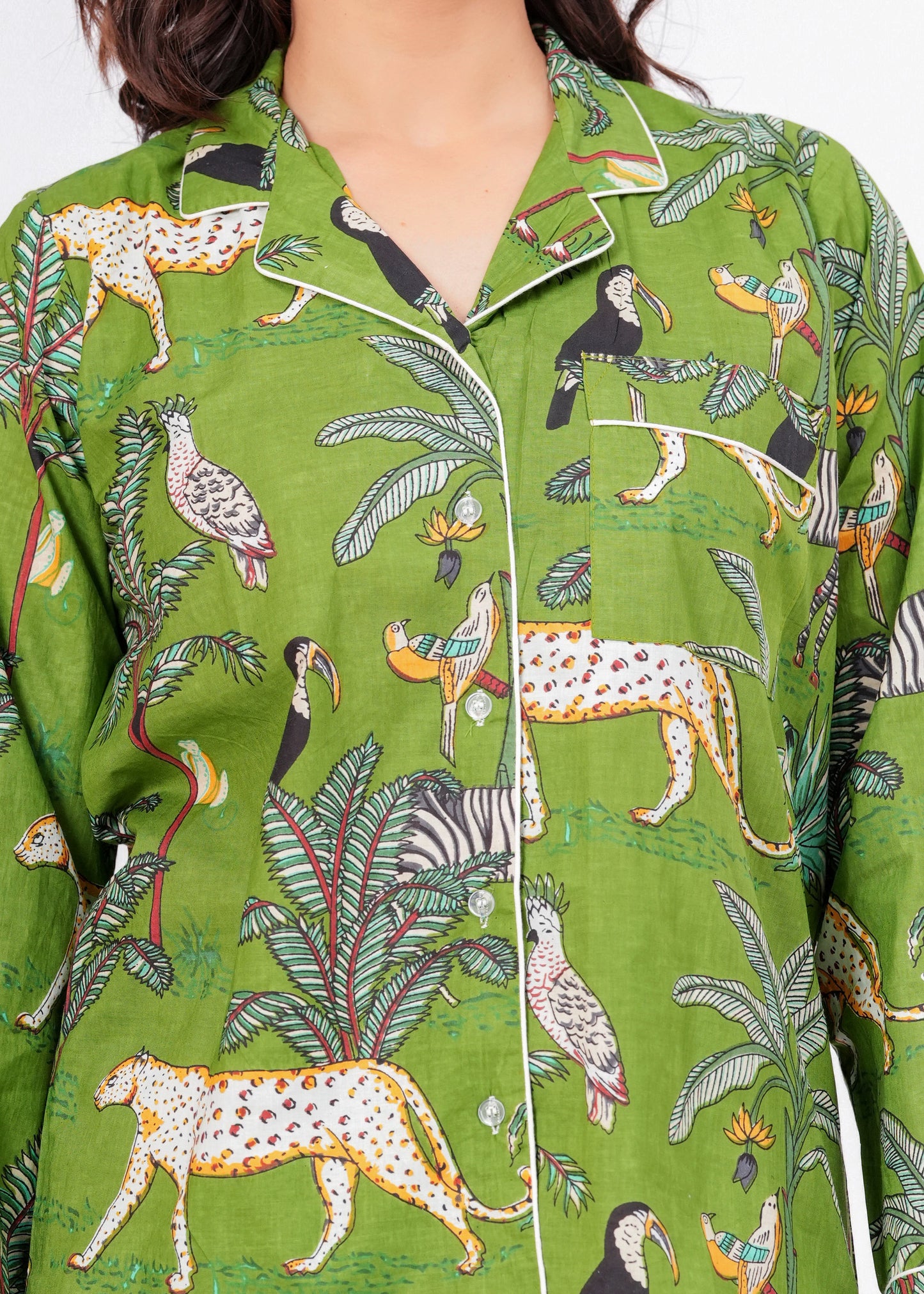 Women's Green Safari Print Cotton Night Suit Set – Tropical Two Piece Pajama Set
