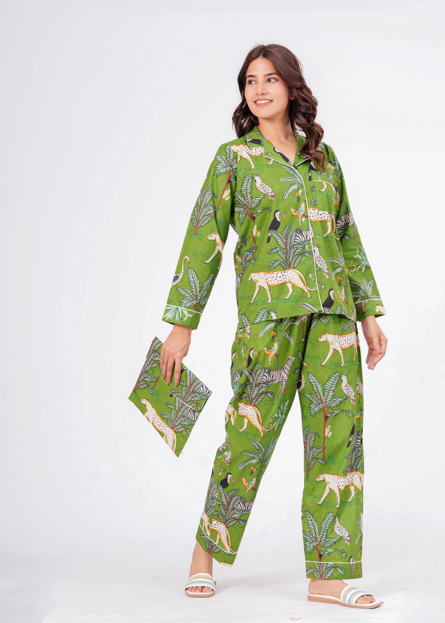Women's Green Safari Print Cotton Night Suit Set – Tropical Two Piece Pajama Set