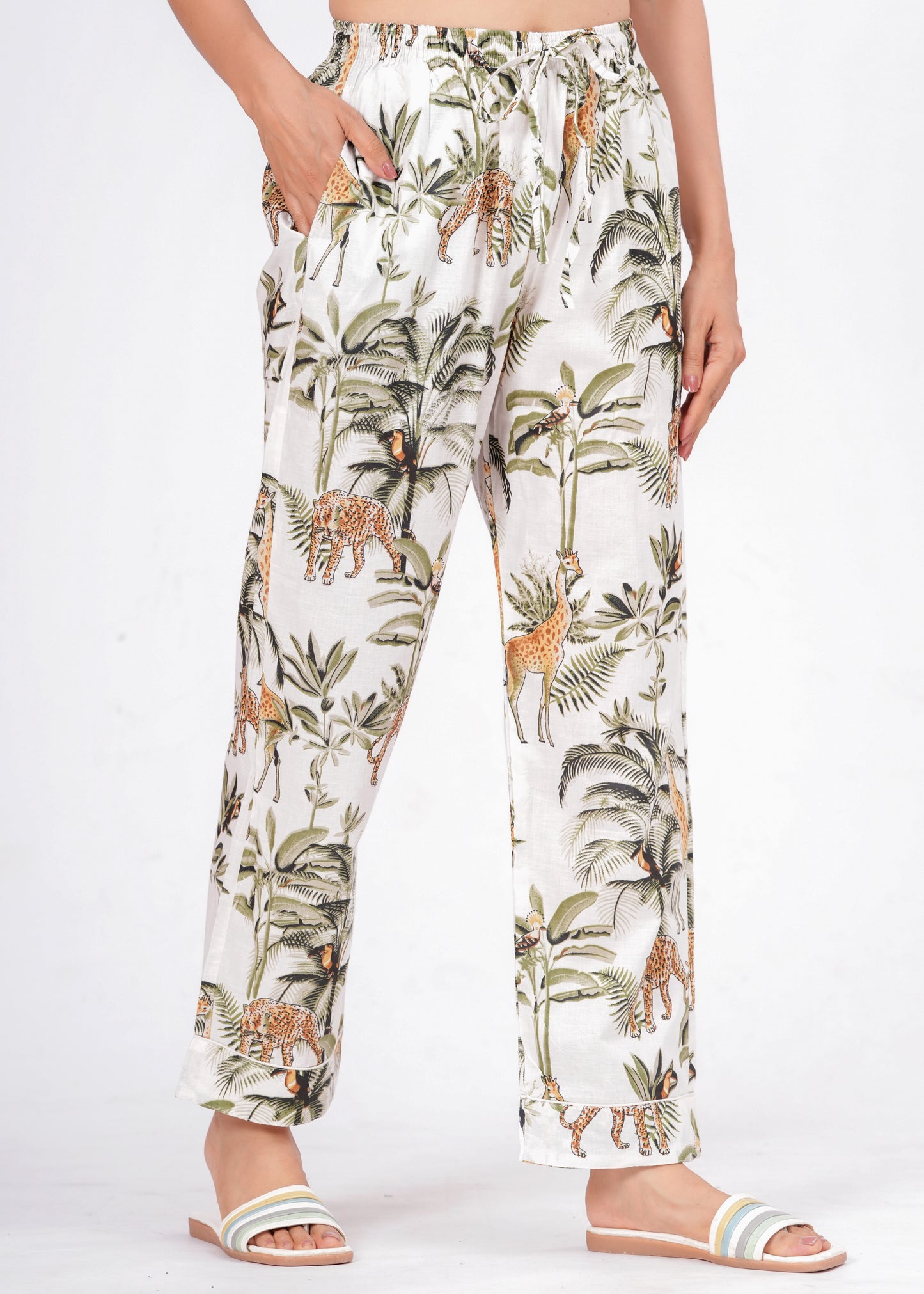 Women's White Jungle Muse Cotton Night Suit Set – Elegant Two Piece Pajama