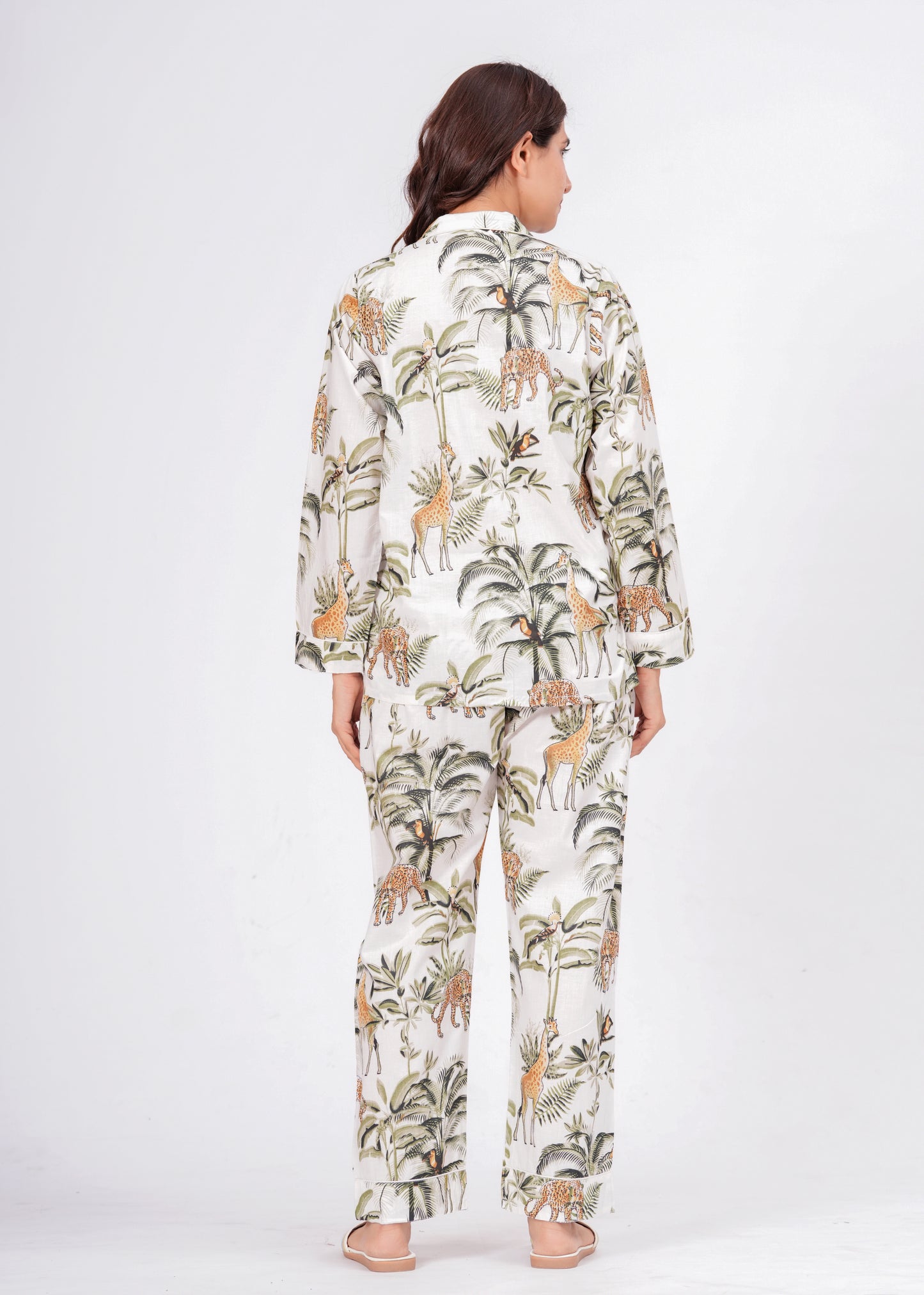 Women's White Jungle Muse Cotton Night Suit Set – Elegant Two Piece Pajama