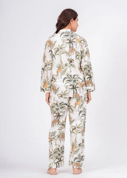 Women's White Jungle Muse Cotton Night Suit Set – Elegant Two Piece Pajama