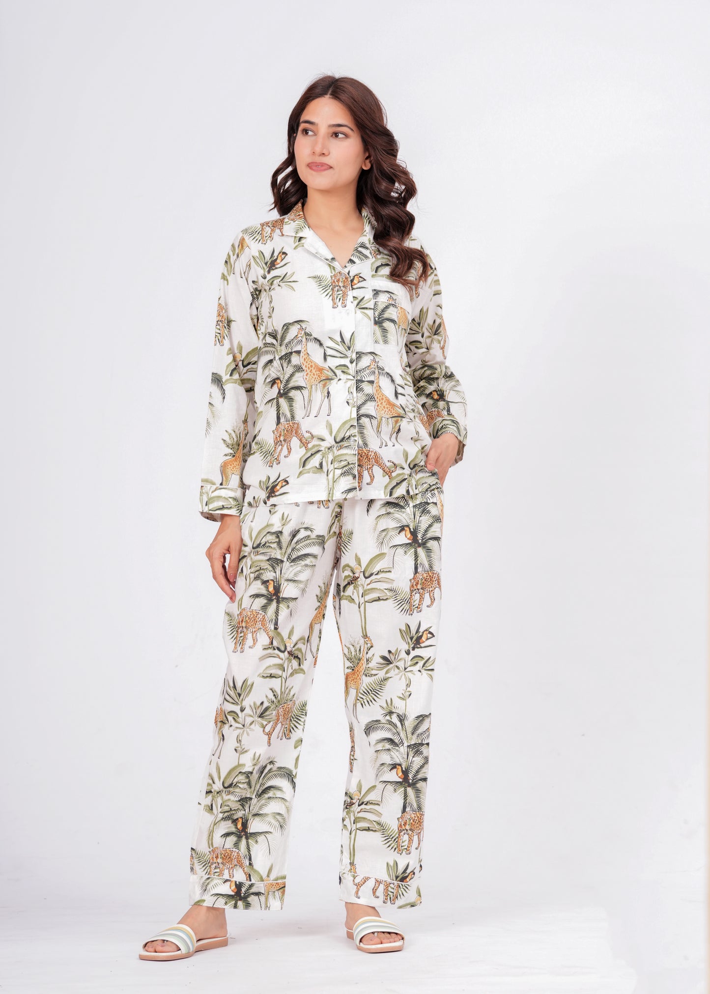 Women's White Jungle Muse Cotton Night Suit Set – Elegant Two Piece Pajama