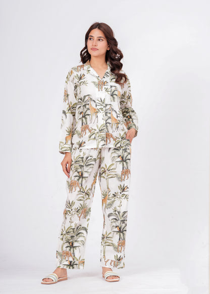 Women's White Jungle Muse Cotton Night Suit Set – Elegant Two Piece Pajama