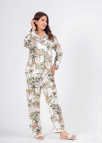 Women's White Jungle Muse Cotton Night Suit Set – Elegant Two Piece Pajama
