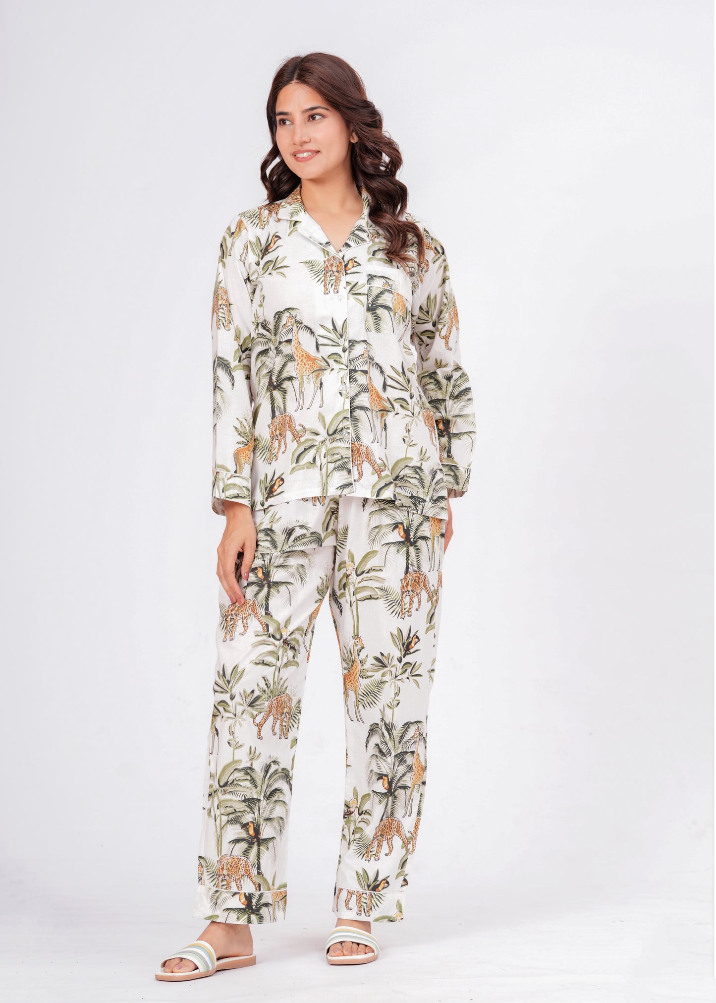 Women's White Jungle Muse Cotton Night Suit Set – Elegant Two Piece Pajama