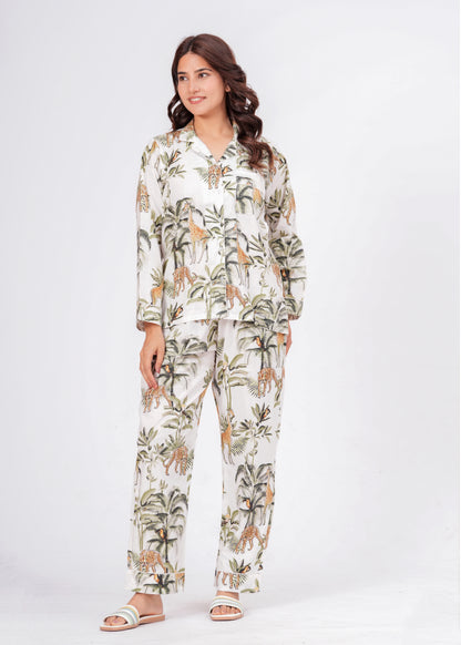 Women's White Jungle Muse Cotton Night Suit Set – Elegant Two Piece Pajama