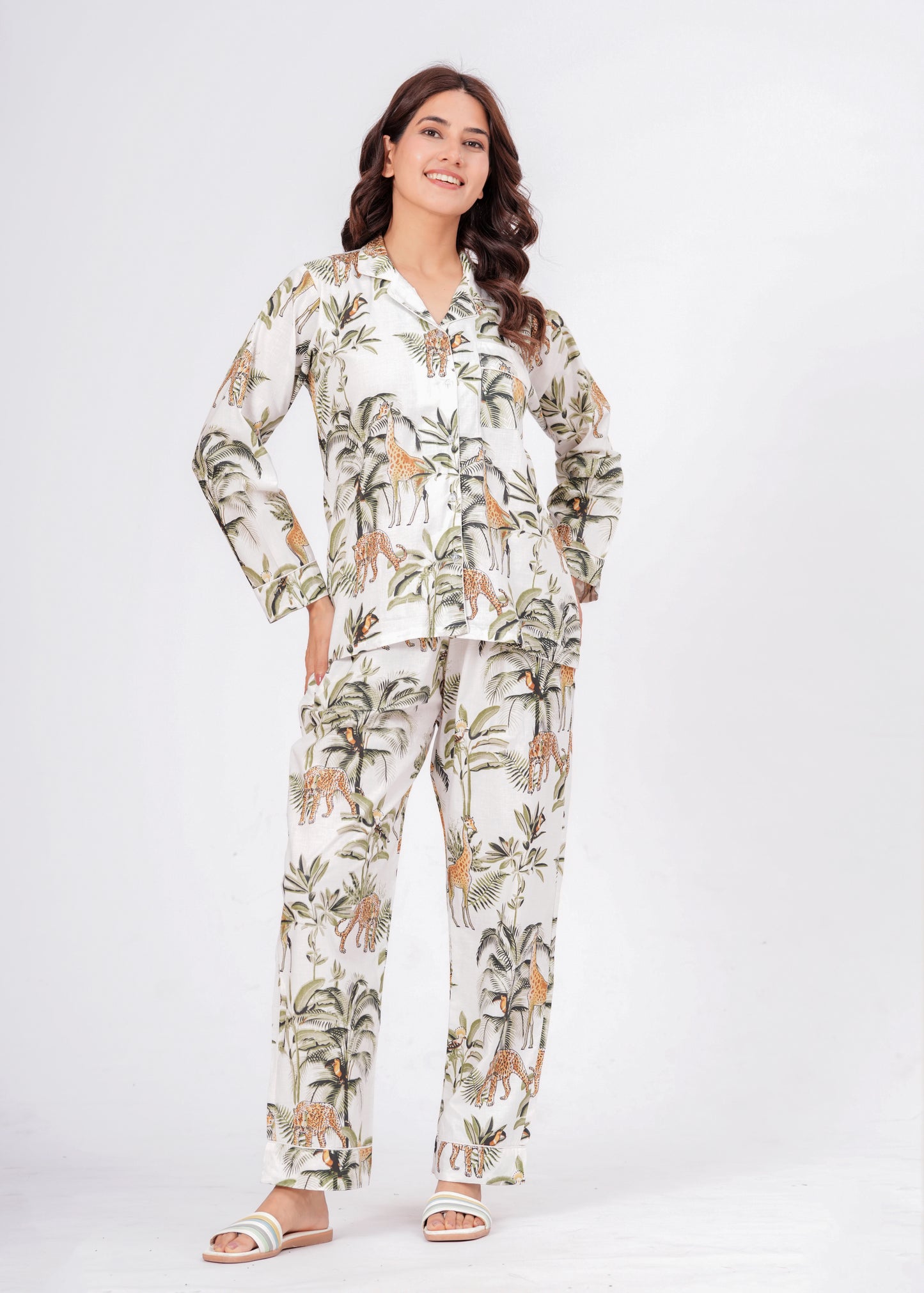 Women's White Jungle Muse Cotton Night Suit Set – Elegant Two Piece Pajama
