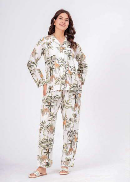 Women's White Jungle Muse Cotton Night Suit Set – Elegant Two Piece Pajama