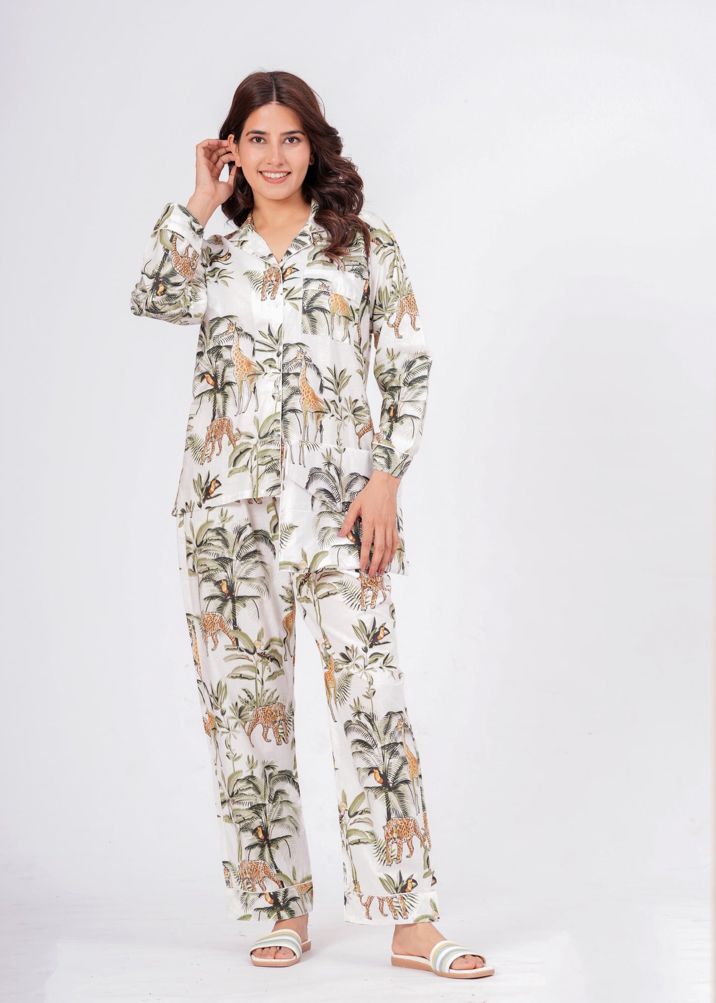 Women's White Jungle Muse Cotton Night Suit Set – Elegant Two Piece Pajama