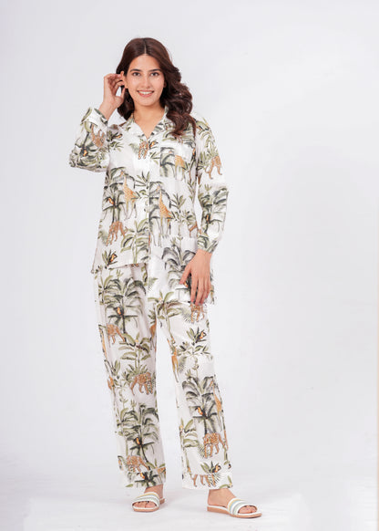 Women's White Jungle Muse Cotton Night Suit Set – Elegant Two Piece Pajama