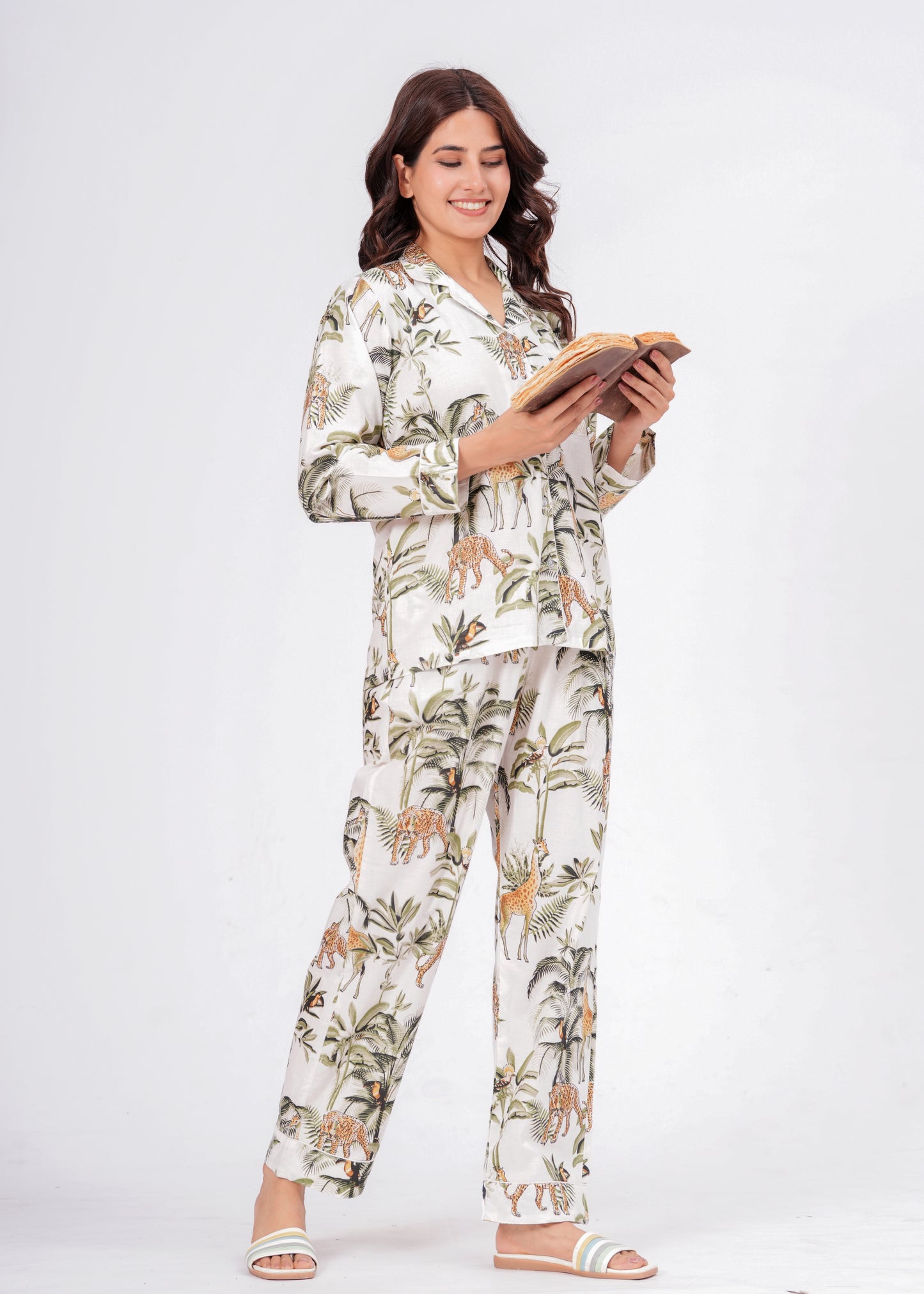 Women's White Jungle Muse Cotton Night Suit Set – Elegant Two Piece Pajama