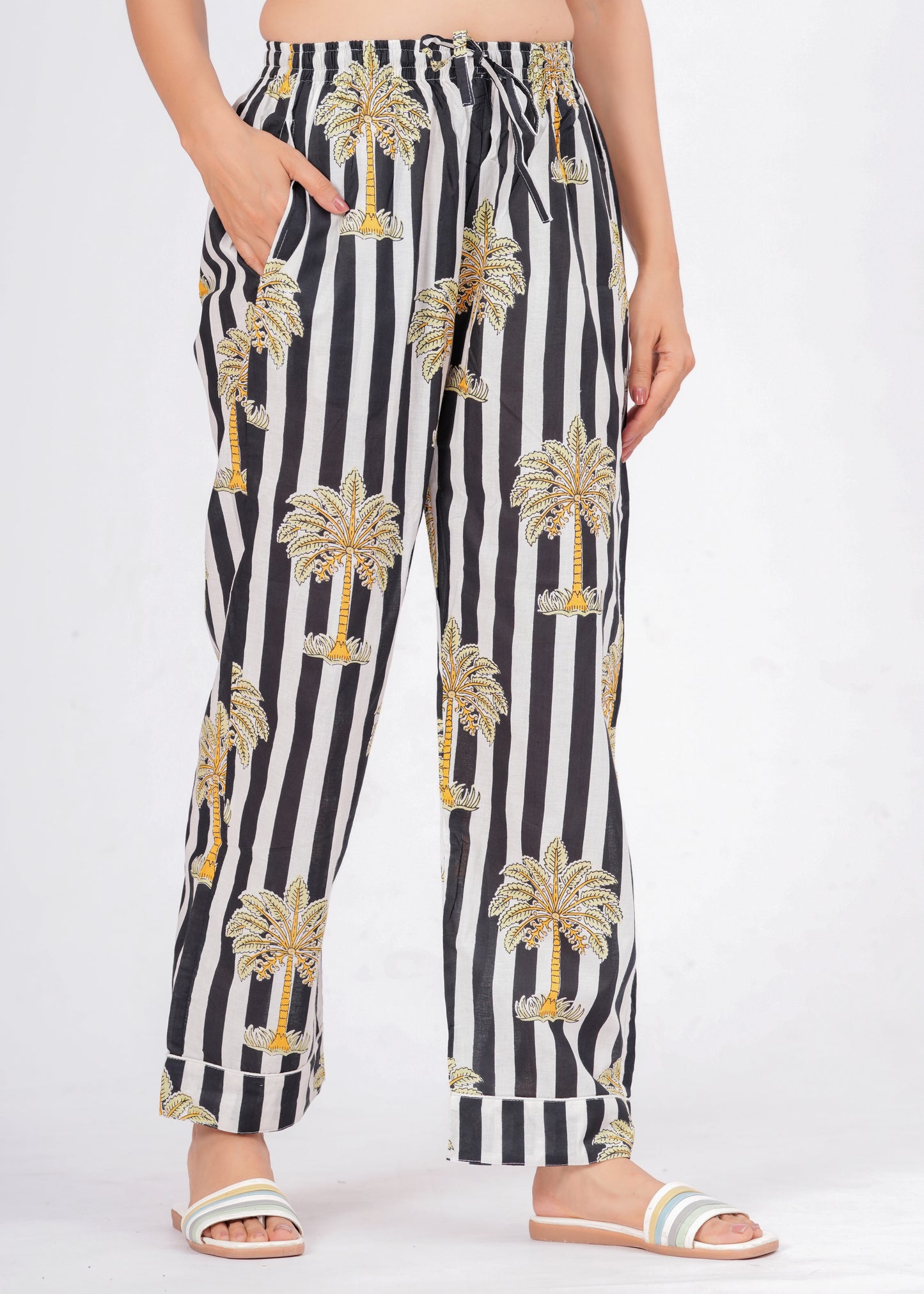 Women's Black Striped Palm Tree Cotton Night Suit Set – Two Piece Pajama Set