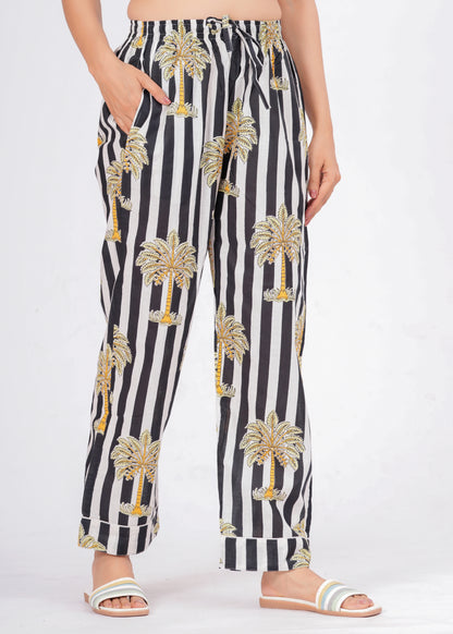 Women's Black Striped Palm Tree Cotton Night Suit Set – Two Piece Pajama Set