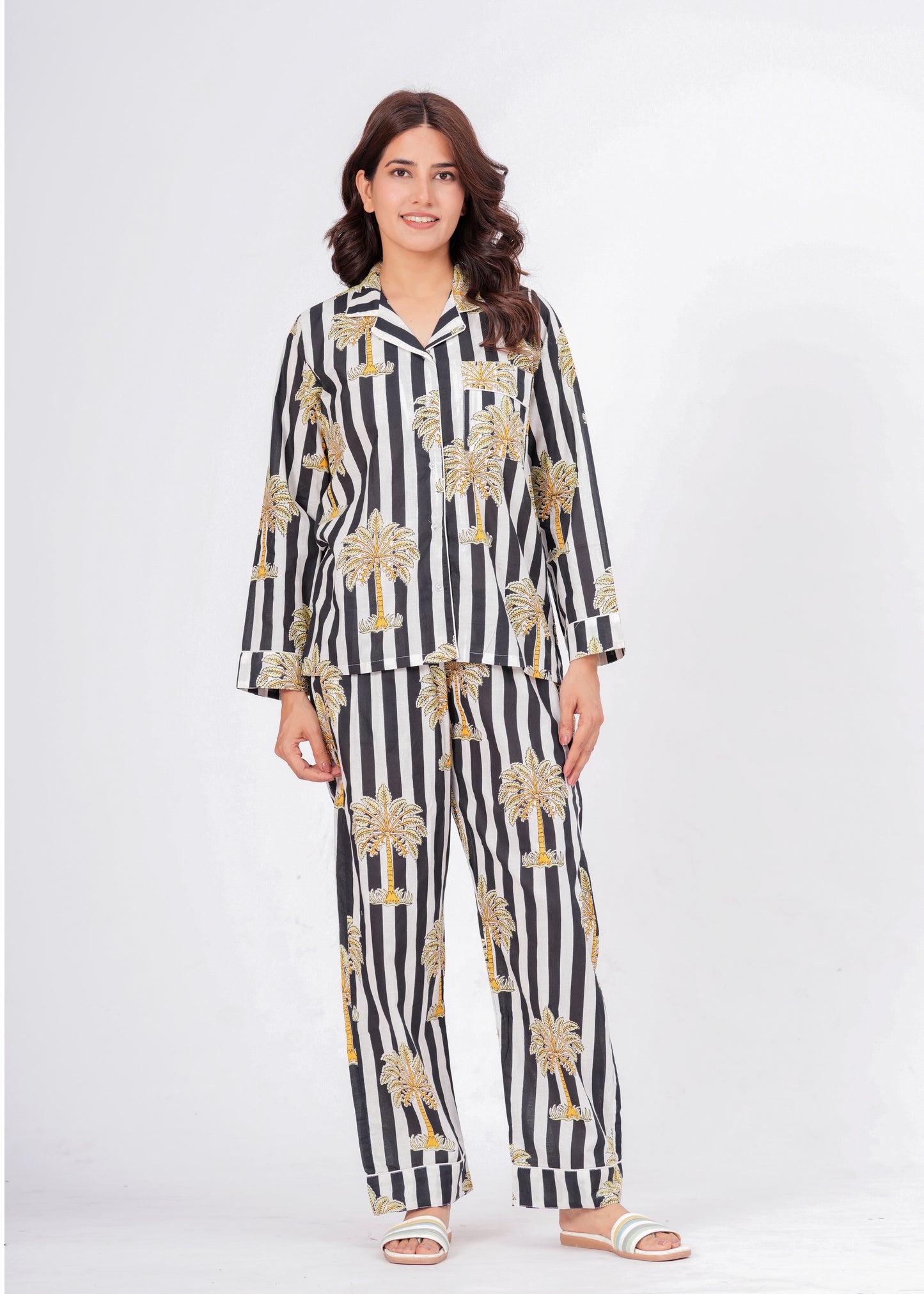 Women's Black Striped Palm Tree Cotton Night Suit Set – Two Piece Pajama Set
