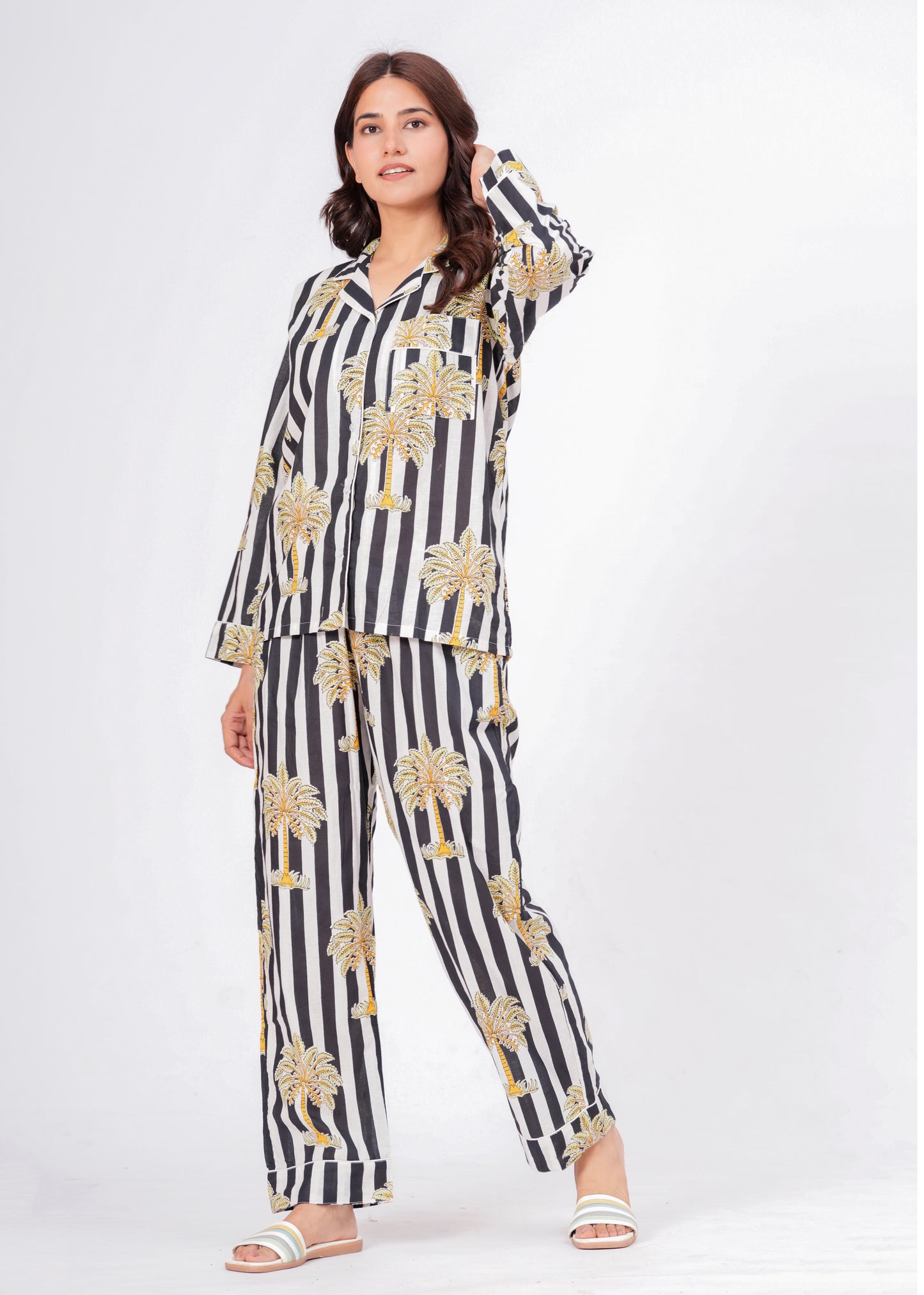 Women's Black Striped Palm Tree Cotton Night Suit Set – Two Piece Pajama Set