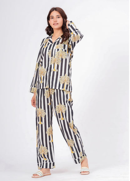 Women's Black Striped Palm Tree Cotton Night Suit Set – Two Piece Pajama Set