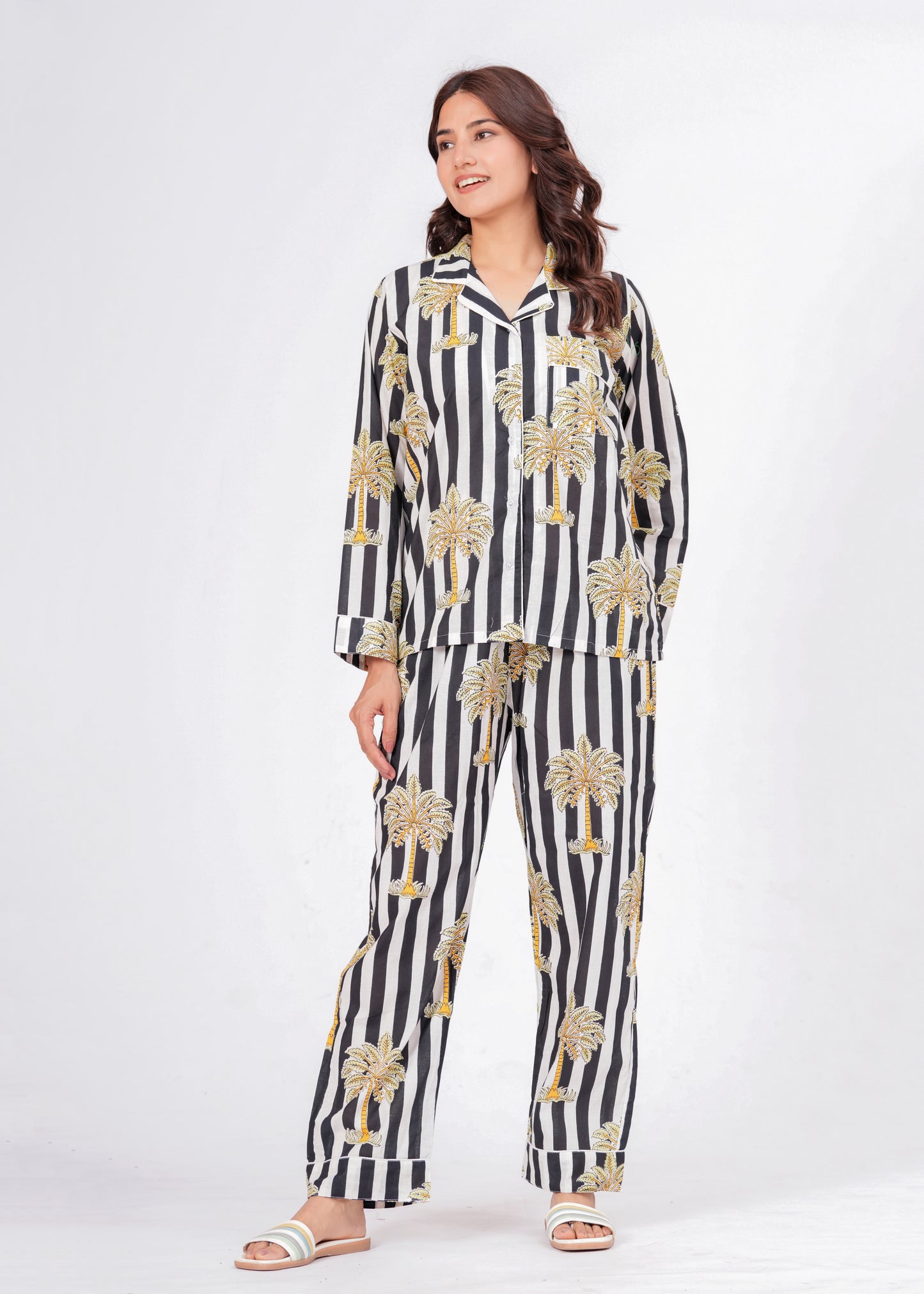 Women's Black Striped Palm Tree Cotton Night Suit Set – Two Piece Pajama Set