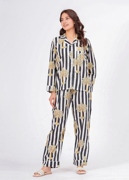 Women's Black Striped Palm Tree Cotton Night Suit Set – Two Piece Pajama Set