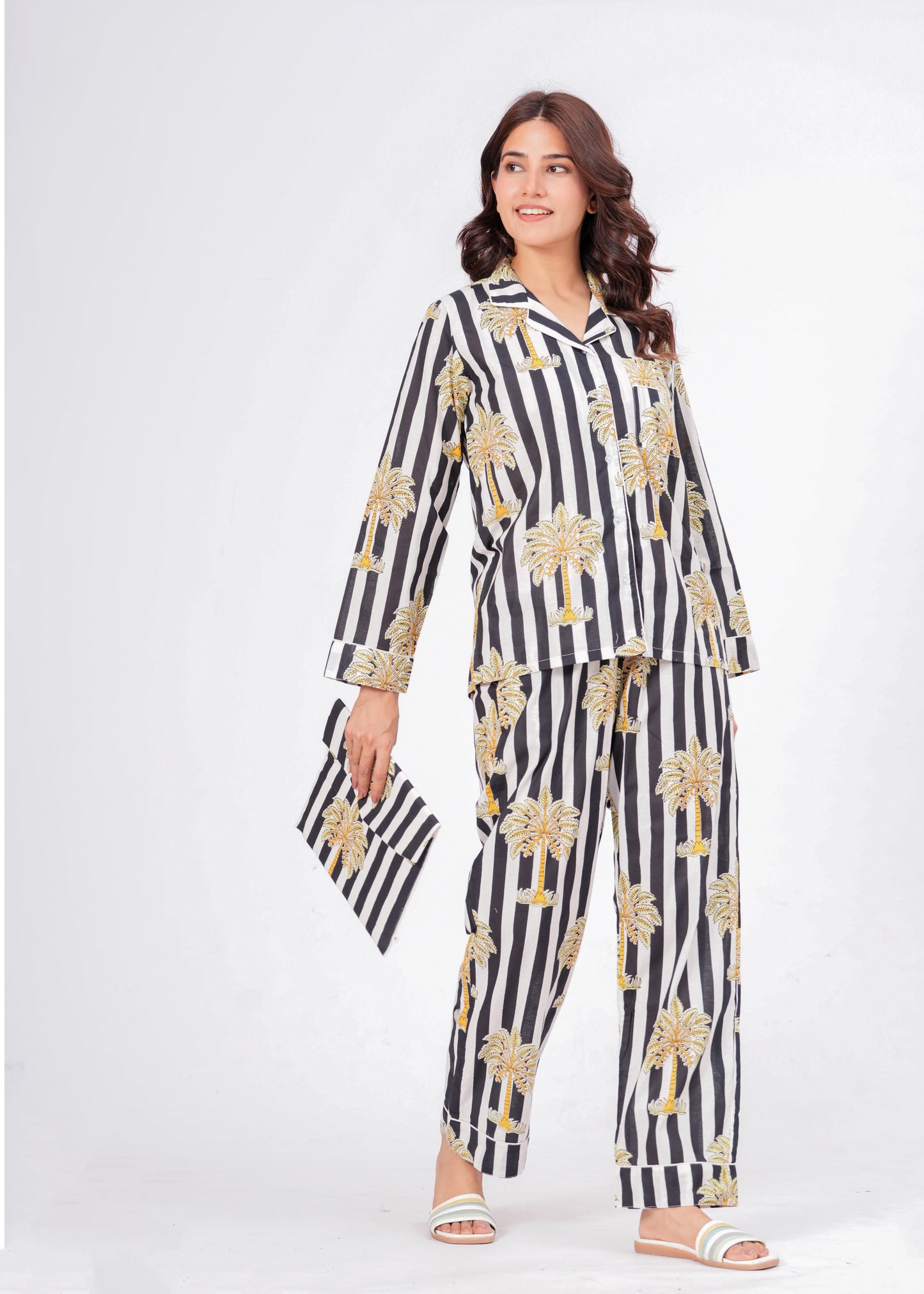 Women's Black Striped Palm Tree Cotton Night Suit Set – Two Piece Pajama Set