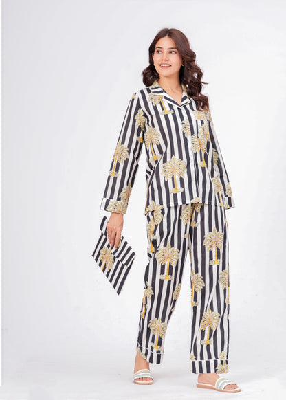 Women's Black Striped Palm Tree Cotton Night Suit Set – Two Piece Pajama Set