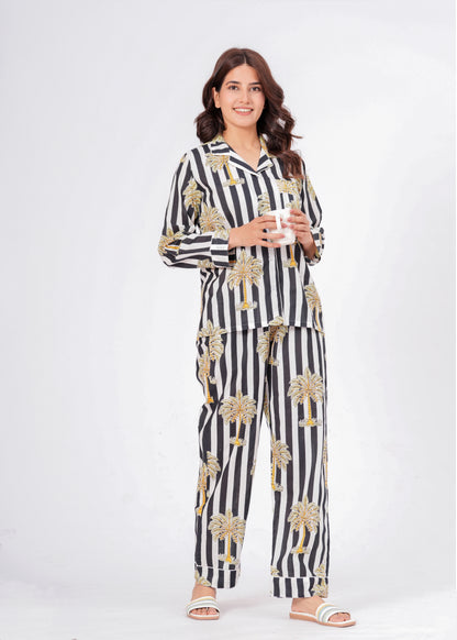 Women's Black Striped Palm Tree Cotton Night Suit Set – Two Piece Pajama Set