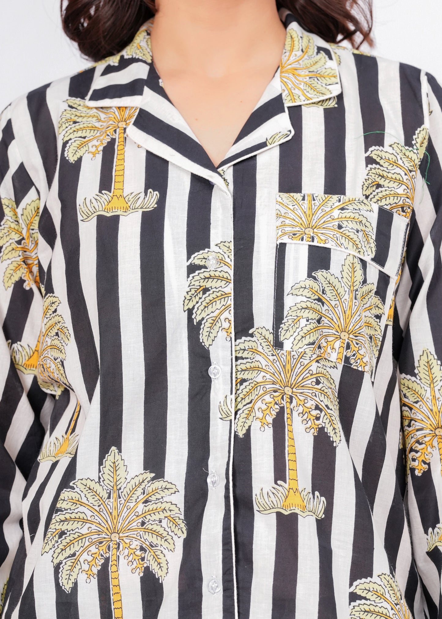 Women's Black Striped Palm Tree Cotton Night Suit Set – Two Piece Pajama Set