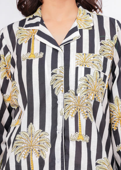 Women's Black Striped Palm Tree Cotton Night Suit Set – Two Piece Pajama Set