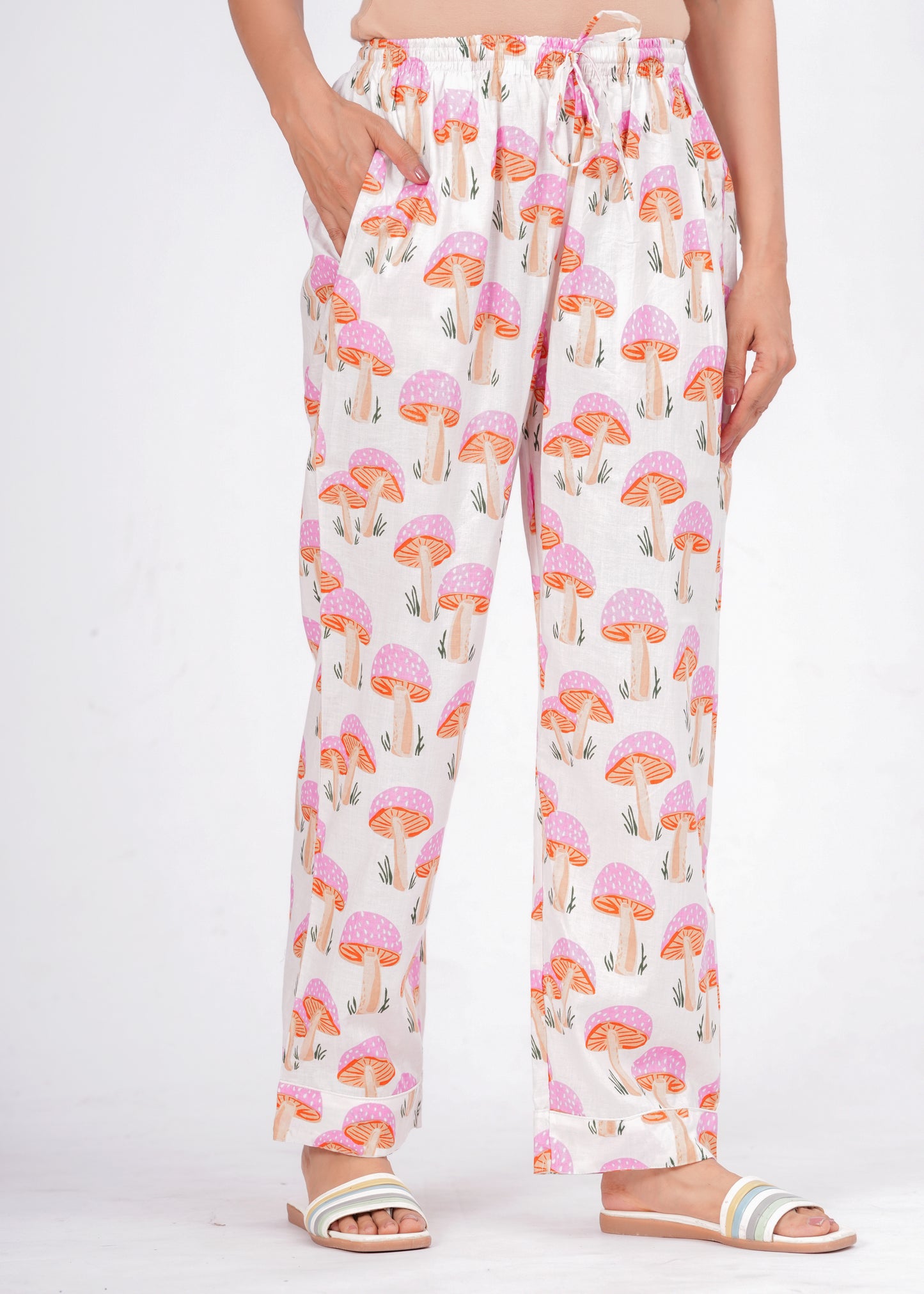 Women's Pink Mushroom Print Cotton Night Suit Set – Cute Two Piece Pajama Set
