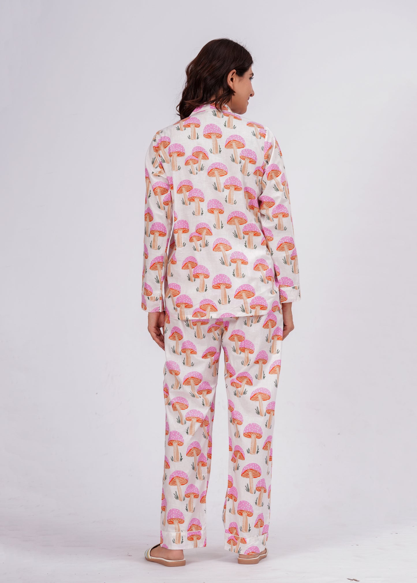 Women's Pink Mushroom Print Cotton Night Suit Set – Cute Two Piece Pajama Set