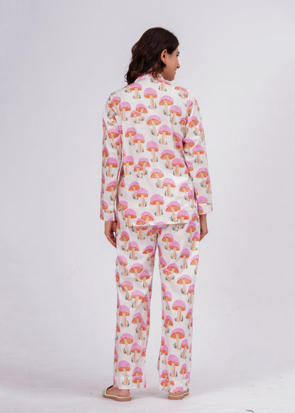 Women's Pink Mushroom Print Cotton Night Suit Set – Cute Two Piece Pajama Set