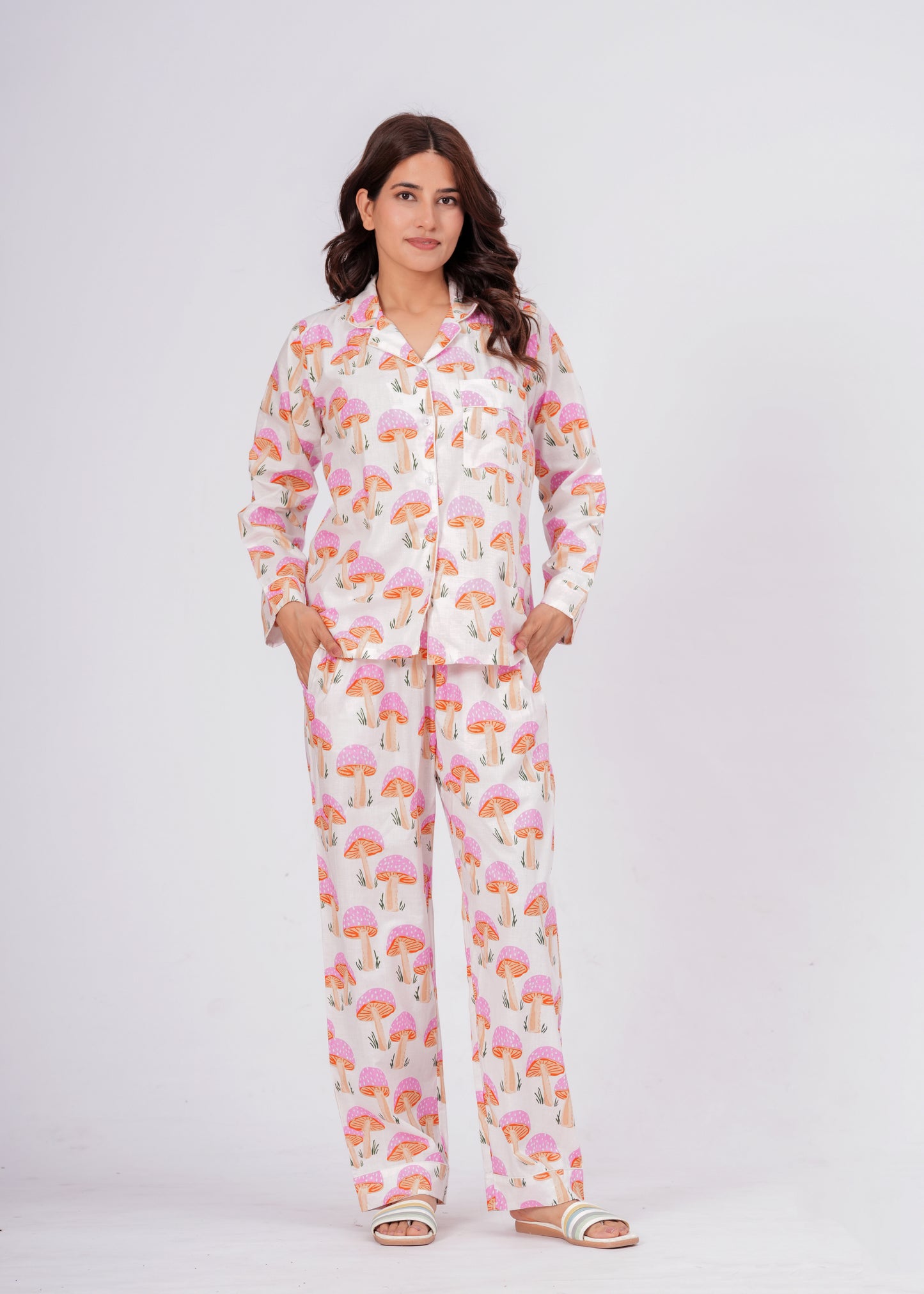 Women's Pink Mushroom Print Cotton Night Suit Set – Cute Two Piece Pajama Set