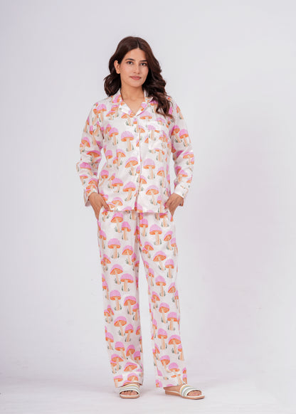 Women's Pink Mushroom Print Cotton Night Suit Set – Cute Two Piece Pajama Set