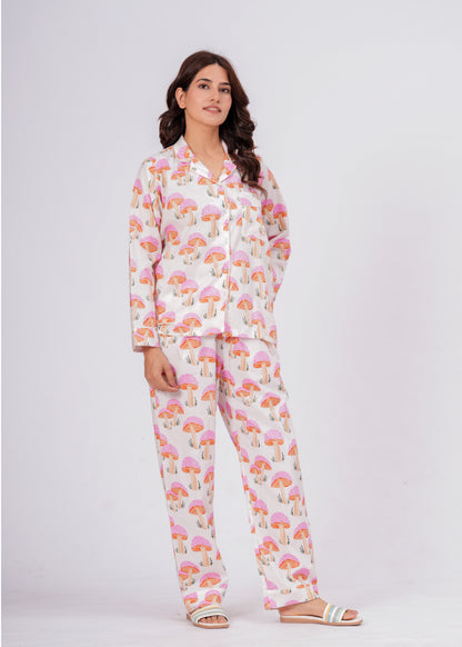 Women's Pink Mushroom Print Cotton Night Suit Set – Cute Two Piece Pajama Set