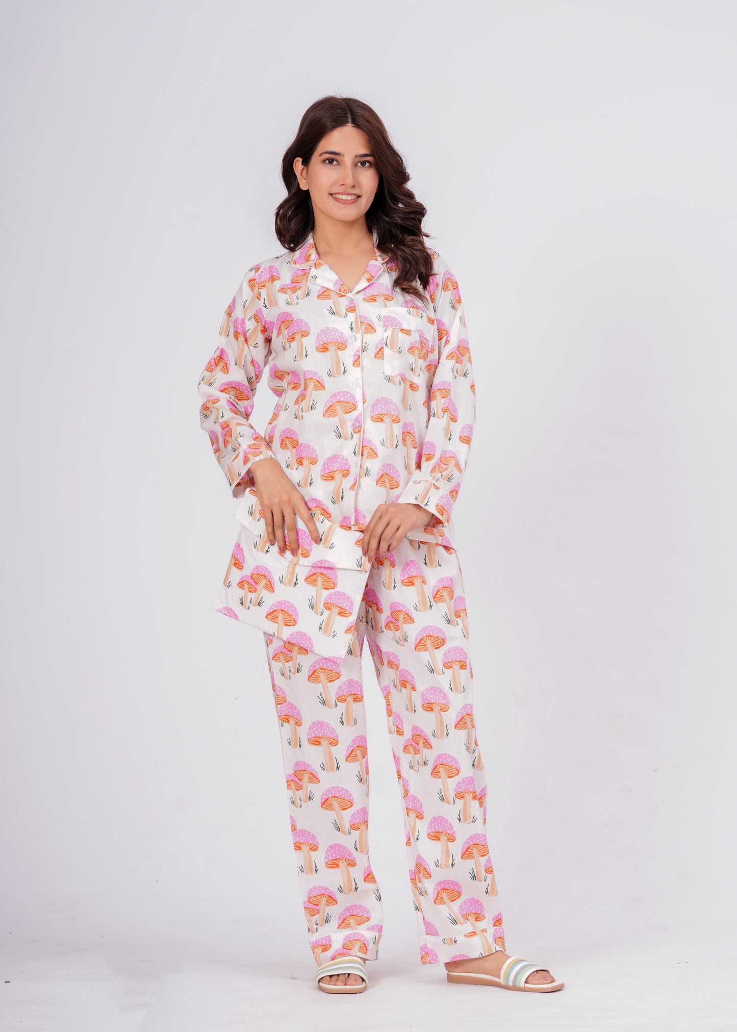 Women's Pink Mushroom Print Cotton Night Suit Set – Cute Two Piece Pajama Set