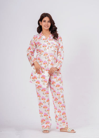 Women's Pink Mushroom Print Cotton Night Suit Set – Cute Two Piece Pajama Set