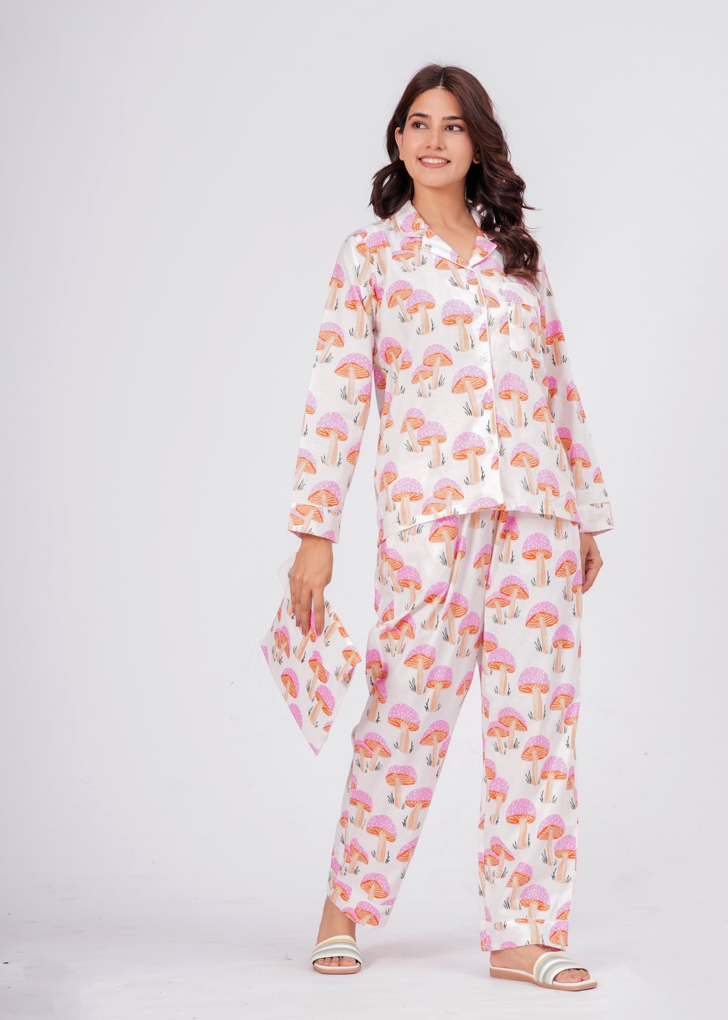 Women's Pink Mushroom Print Cotton Night Suit Set – Cute Two Piece Pajama Set