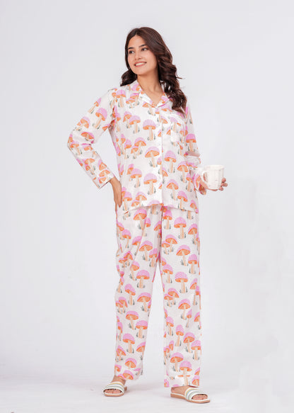 Women's Pink Mushroom Print Cotton Night Suit Set – Cute Two Piece Pajama Set