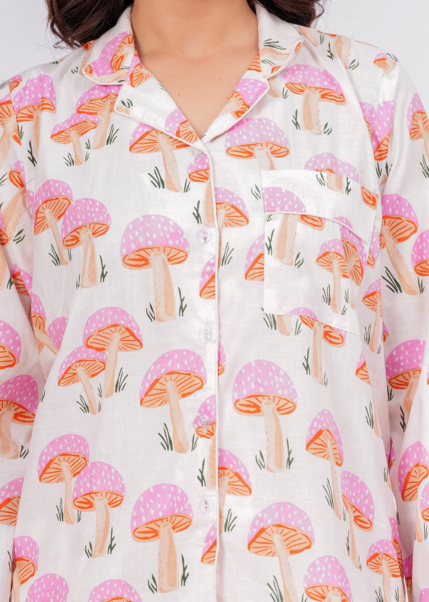Women's Pink Mushroom Print Cotton Night Suit Set – Cute Two Piece Pajama Set